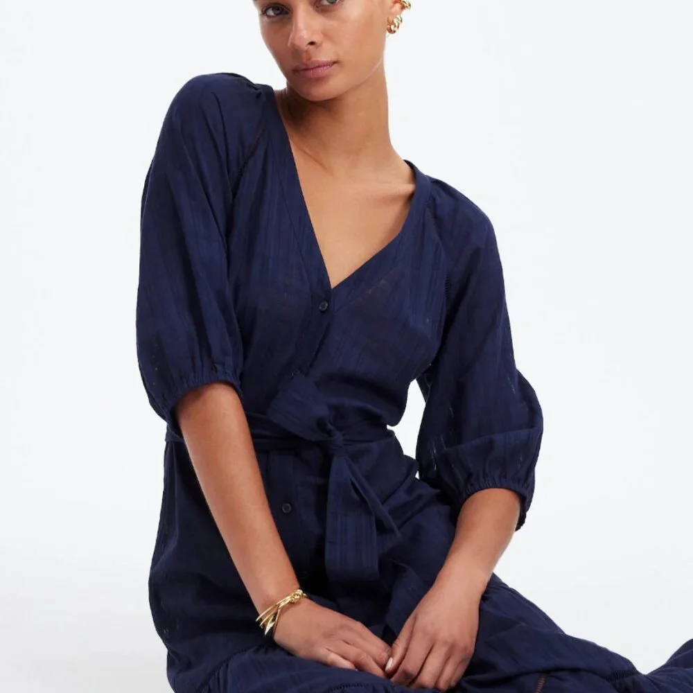 Madewell Tie-Waist Tiered Midi Dress in Windowpane Navy  NEW NS139 Flowy - Picture 4 of 5